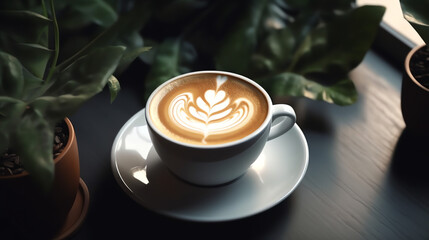 Latte Harmony: Blending Flavors in a Plant-Filled Haven Creations created with Generative AI Technology