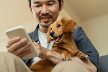 飼い犬を抱きながらスマートフォンを見る男性