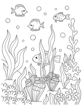 Black and white page for baby coloring book. Illustration of cute fishes swimming underwater. Printable for kids. Worksheet for children and adults. Hand-drawn vector image. Fish coloring pages.