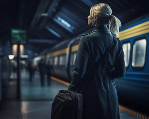 Blue Elegance: A Woman with a Suitcase in the Metro created with Generative AI Technology