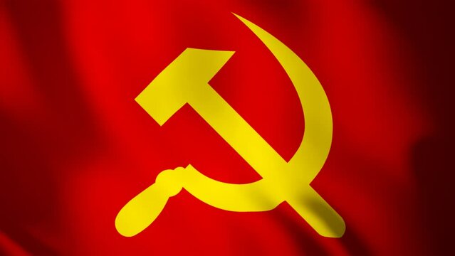 Satin USSR flag background with big symbol of socialism and communism in center