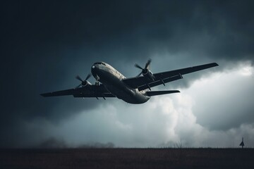Fototapeta na wymiar Unsafe flight concept, plane against gloomy background. Generative AI