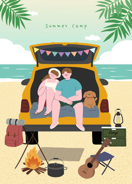 Man and woman relaxing in the car trunk in the beach camp. Cute couple are sitting at the car door. Camper van, Outdoor picnic, Van for travel, Backpack, Hand drawn style vector design illustration.