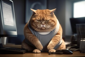 Portrait of a very beautiful plump fat cat in the office at work. AI generated, human enhanced