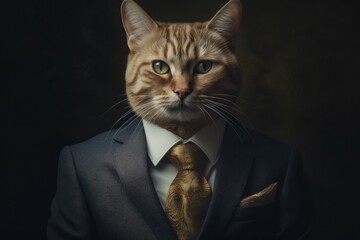 Anthropomorphic cat dressed in a suit like a businessman. business concept. AI generated, human enhanced