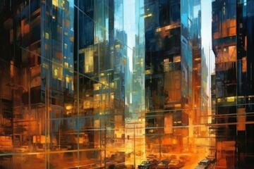 Abstraction painted in oils or watercolors on the theme of business and skyscrapers as a background. AI generated