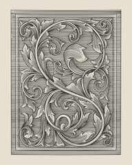 Vintage baroque  leaf scroll floral ornament  on  the frame , engraving drawing style. Antique design vector illustration