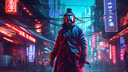 cyber-enhanced samurai stands in a neon-lit urban alley. Generated AI