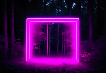 Pink neon square on the center of dark forest from Generative AI
