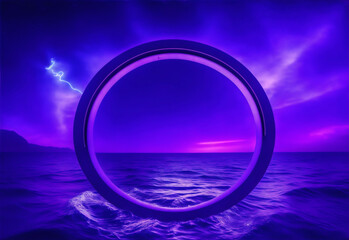 Floating glowing purple neon full circle on ocean background from Generative AI