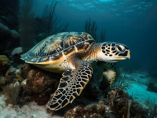 Obraz na płótnie Canvas Hawksbill Turtle: endangered animals, endangered species, endangered marine life, species survival. Generative art, Generative AI.
