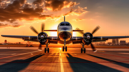 Fototapeta premium Airplane taking off in the rays of the setting sun. Runway shot of plane taking off at sunset. Generative AI