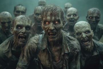 A group of zombies or a crowd of monsters, a horror concept. AI generated, human enhanced