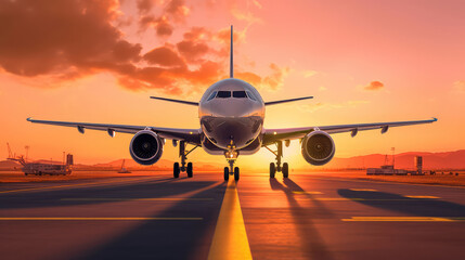Airplane taking off in the rays of the setting sun. Runway shot of plane taking off at sunset. Generative AI - obrazy, fototapety, plakaty