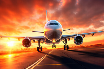 Fototapeta premium Airplane taking off in the rays of the setting sun. Runway shot of plane taking off at sunset. Generative AI