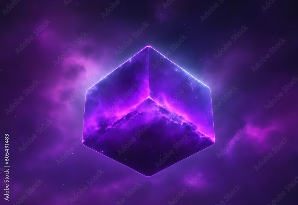Aufkleber glowing purple geomteric object floating in the sky from generative ai