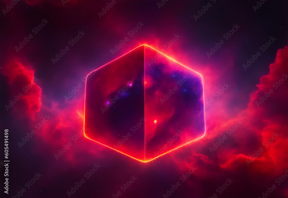 Aufkleber glowing red neon rectangle square shield on cloud sky. from generative ai