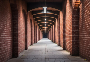 Empty long bricked wall corridor from Generative AI