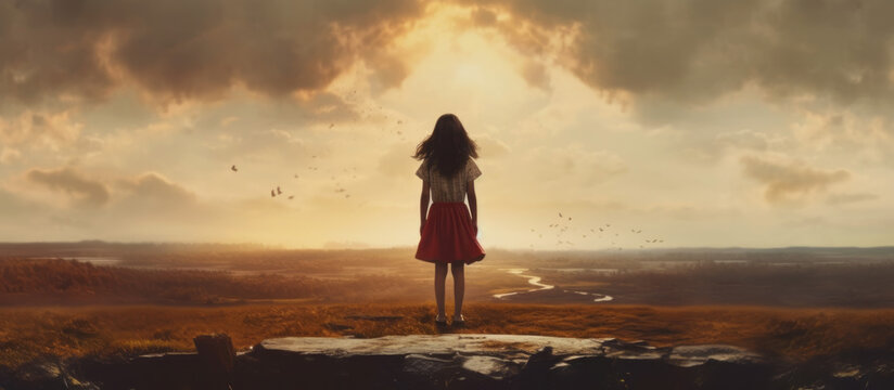 A young girl looking out over a grassy plain and river at sunset. Golden hour. The next generation. Future leader. Generational change.