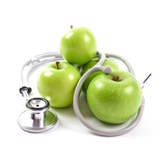 Stethoscope and fresh green apples isolated on a white background. Healthy food diet plan vegetable nutrition healthy. Realistic 3D illustration. Generative AI