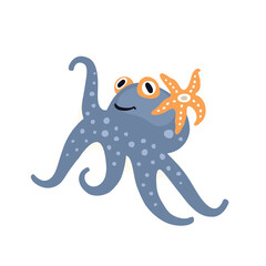 Cute cartoon sea blue octopus, flat style illustration.
