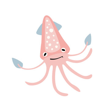 Cute cartoon sea pink squid , flat style illustration.