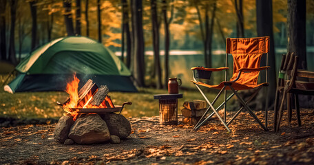 Beautiful bonfire with burning firewood near chairs and camping tent in forest. Campfire by a chairs and a tent 