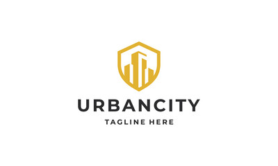 Urban city with shield shape logo design vector