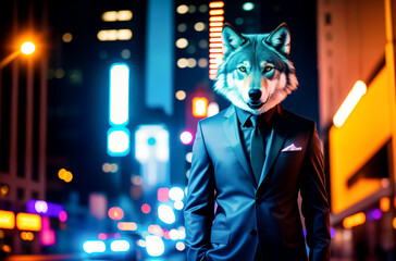 A wolf dressed in a business suit on a man's body against the background of the streets of a night big city with skyscrapers. Concept of successful confident businessman. Generative AI.
