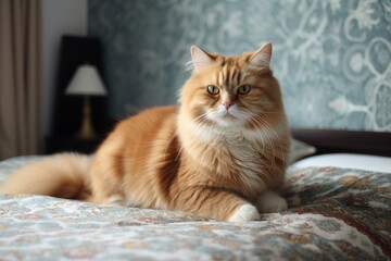 Fototapeta na wymiar Red persian cat lying down on bed in pet's hotel, generative ai