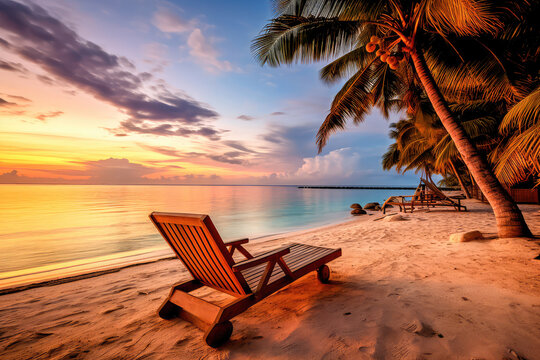 Evening landscape on a tropical island. Maldives with palm trees and sun loungers. Generative AI © keks20034