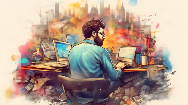 Generative AI A man sits at a desk, working on his laptop. The scene is styled in a Memphis aesthetic, featuring vibrant colors and bold patterns.