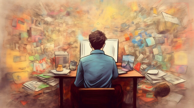 Generative AI A man sits at a desk, working on his laptop. The scene is styled in a Memphis aesthetic, featuring vibrant colors and bold patterns.