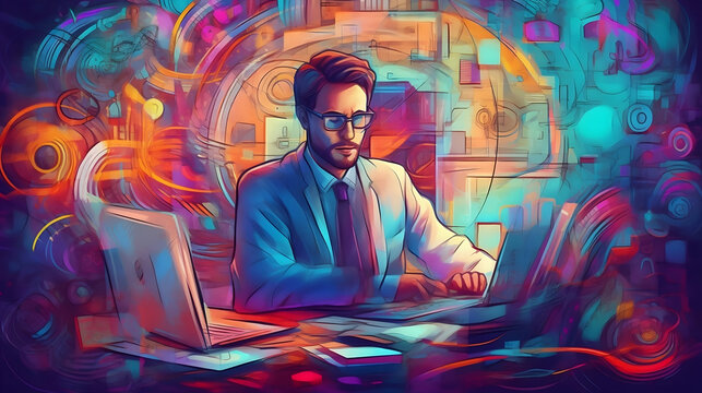 Generative AI A man sits at a desk, working on his laptop. The scene is styled in a Memphis aesthetic, featuring vibrant colors and bold patterns.
