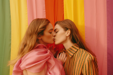 lgbtq+ two women lesbian bisexual couple kissing on pride month with rainbow coloured details  - obrazy, fototapety, plakaty