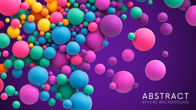 Abstract composition with many colorful random flying spheres. Colorful rainbow matte soft balls in different sizes. Vector background