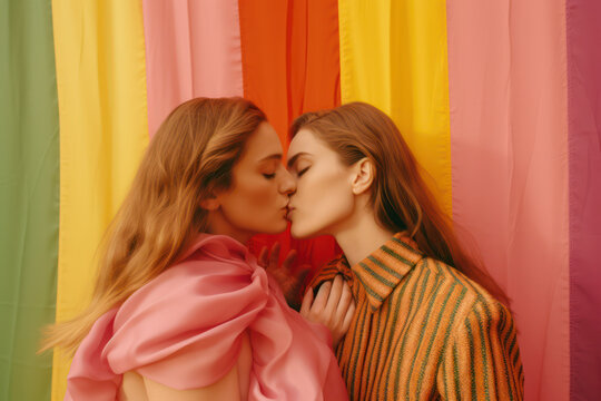 lgbtq+ two women lesbian bisexual couple kissing on pride month with rainbow coloured details 