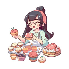 Sweet cartoon girl baking cupcakes