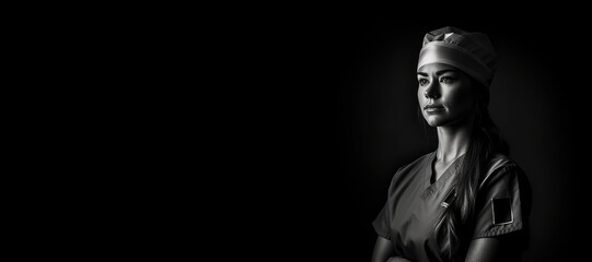 Fototapeta na wymiar Black and white photorealistic studio portrait of a female nurse banner on black background. Generative AI illustration