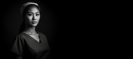 Black and white photorealistic studio portrait of a female nurse banner on black background. Generative AI illustration