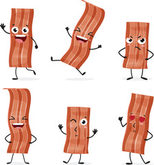 Fried bacon cartoon character set isolated on white background