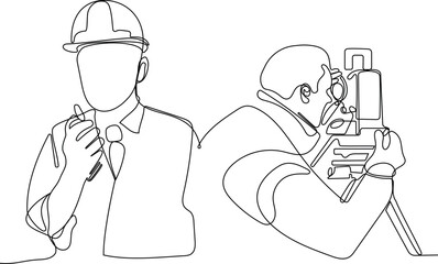 Close up of Caucasian worker with helmet on head using tablet for work while standing in warehouse. Surveyor with a tripod icon. Geodesic tripod. Vector illustration