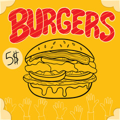 Burgers Word and Silhouette, Flyer Menu, Retro Style