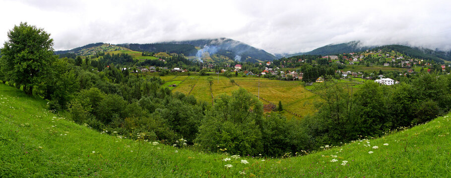 Panoramic view of Vorokhta village in Carpathian mountains, Ukraine