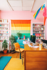 lgbtq+ workplace inclusivity in colorful office for pride month showing support and representation