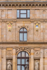 Facade of ancients buildings from Century XIX in Prague, Czech Republic, 2018