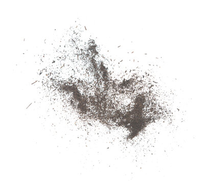 Black dried leave Tea explode. Small Fine size tea leaf flying explosion, Abstract cloud fly. Brown colored Teas splash throwing in Air. White background Isolated high speed shutter, throwing freeze
