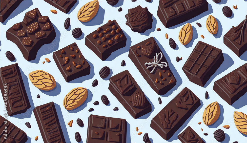 Poster chocolate bars and nuts, 3d art seamless pattern design from generative ai