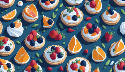 Tarts with white cream and fruits, 3d art seamless pattern design from Generative AI