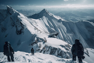 Fototapeta na wymiar Stunning panorama of snowboarders in Bakuriani's towering peaks. Skiers on snowy mountain. Realistic 3D illustration. Generative AI
